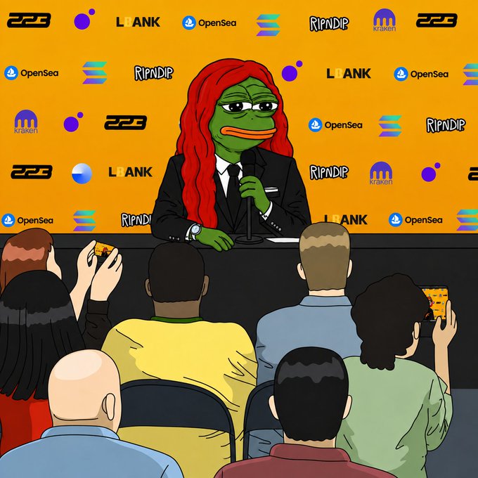 A cartoon illustration of a green Pepe the Frog character with long red hair, wearing a black suit and tie, speaking at a microphone to an audience. The backdrop features logos for crypto brands including OpenSea, Kraken, LBank, and Ripndip.