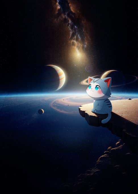 A cute cartoon kitten sits on a rocky cliff's edge, gazing up at a breathtaking cosmic scene filled with planets, glowing nebulae, and starry skies—perfectly embodying the message "Aim for the stars" alongside the "Wen" meme. The image captures a sense of wonder and ambition, with the wide-eyed kitten appearing inspired by the vast universe stretching out before it.