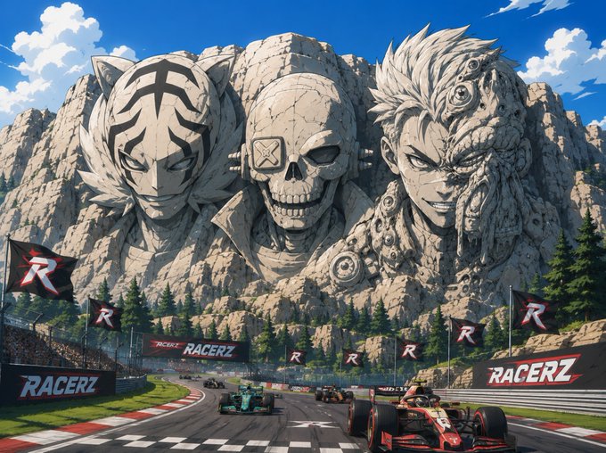 A dramatic anime-style illustration showcases a mountain sculpted into three massive faces—including a tiger-masked warrior, a skull, and a spiked-haired fighter—looming over a Formula 1 racetrack lined with "RACERZ" and "R" branded banners, visually paralleling the post's message about the Racerz crypto project's loyal, battle-tested community.