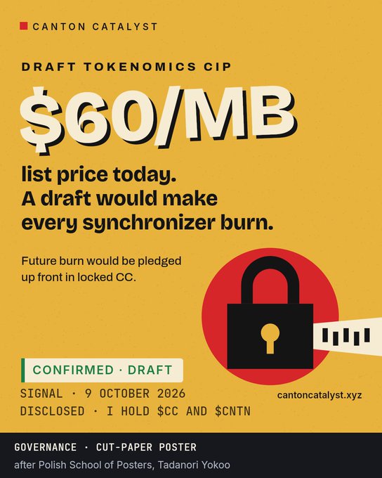 Yellow governance poster titled 'CANTON CATALYST' advertising 'DRAFT TOKENOMICS CIP' with 'CONFIRMED · DRAFT' status, dated 9 October 2026, featuring a lock icon and reference to cantoncatalyst.xyz.