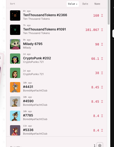 A NFT marketplace listing sorted by value, showing items like TenThousandTokens #2366 (160Ξ), TenThousandTokens #1091 (101.067Ξ), Milady 6795 (90Ξ), CryptoPunk #202 (66.1Ξ), CryptoPunks 721 (38Ξ), and several BoredApeYachtClub entries (#4431, #4590, #7785, #5336) priced between 8.4 and 8.45Ξ.