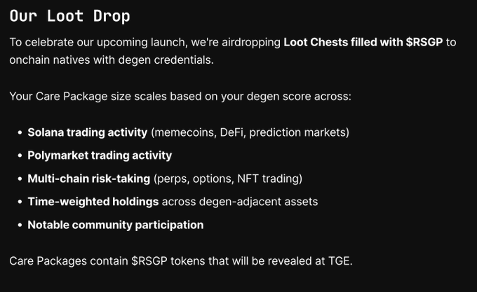 The image announces Cambria's "Loot Drop" airdrop, where Care Packages containing $RSGP tokens are distributed to users based on a "degen score" measuring trading activity on Solana, Polymarket, multi-chain perps/options/NFTs, time-weighted holdings, and community participation, with tokens revealed at TGE. This aligns with the post by highlighting that traders active on Solana memecoins, Polymarket, and perps (like Hyperliquid) qualify for these $RSGP chests, emphasizing the free-money opportunity ahead of the August airdrop.