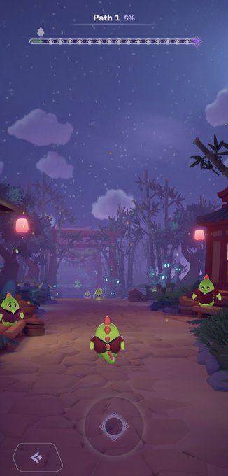 A mobile game screenshot displays a nighttime village scene featuring a small character with a green and red design walking down a stone path, with "Path 1" and "5%" visible at the top progress bar, fitting the context of the Sleepagotchi Web3 sleep-to-earn gaming project.