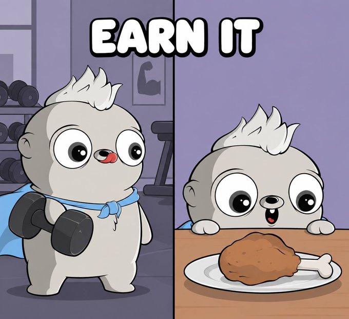 A split-panel cartoon illustration with the text 'EARN IT' showing a fluffy grey seal character lifting weights in a gym on the left, and excitedly looking at a large piece of fried chicken on a plate on the right.