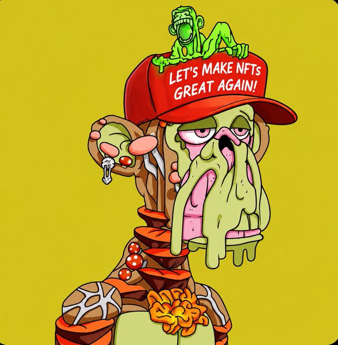 A grotesque, melting zombie-like cartoon figure wearing a red cap reading "LET'S MAKE NFTS GREAT AGAIN!" while clutching a key, directly visualizing the post's rallying cry to revive NFTs. A small green figure sits atop the cap, reinforcing the satirical, meme-style artwork that accompanies the enthusiastic morning message.