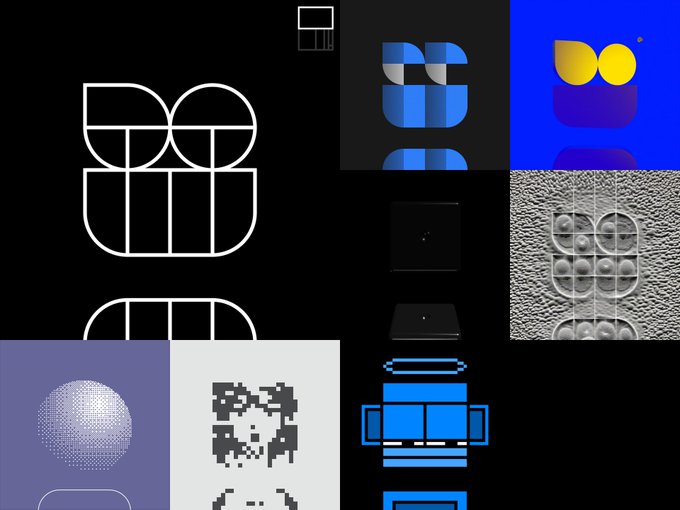 A graphic design collage featuring various geometric shapes, grids, and stylized logos in blue, black, and white against a dark background.