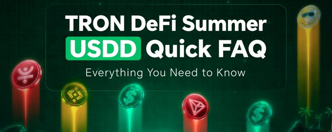 A promotional banner for "TRON DeFi Summer USDD Quick FAQ – Everything You Need to Know" featuring glowing cryptocurrency icons and TRON branding, visually highlighting the USDD event participation guide mentioned in the accompanying post about accessing the event through Binance Wallet's DeFi section via JustLend DAO.