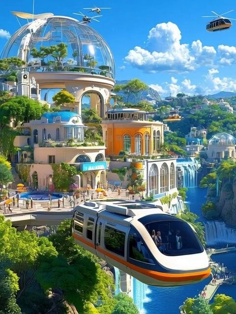 The image features a futuristic cityscape with buildings that are floating above water, giving the impression of an underwater city or island. The city has a unique architectural design, including a large dome-like structure at its center. A train is seen passing through this floating city, adding to the sense of movement and innovation in the scene.

The image also includes several people scattered throughout the cityscape, possibly exploring the floating buildings or enjoying the view from above. The overall atmosphere suggests that the city has been designed with a focus on sustainability and environmental consciousness, as evidenced by its integration into nature and water elements.