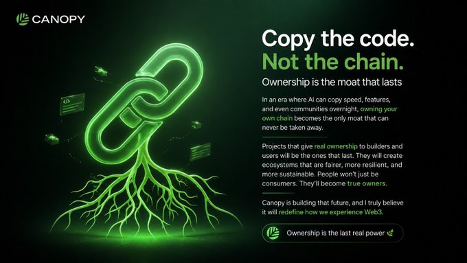 A promotional graphic for Canopy with the tagline 'Copy the code. Not the chain.' and 'Ownership is the last real power,' featuring a glowing green chain with roots.