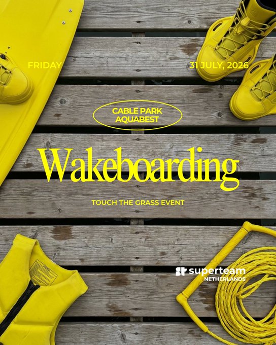 A yellow-themed promotional poster for a wakeboarding event titled "Wakeboarding" at Cable Park Aquabest on Friday, 31 July, 2026, organized by Superteam Netherlands, featuring yellow boots, vest, and tow rope on wooden planks.