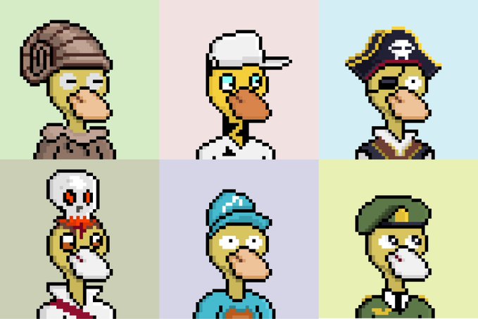 Six pixel-art duck characters are arranged in a grid, each sporting different outfits including a bomber jacket, baseball cap, pirate hat, nurse uniform, blue beanie, and military beret.