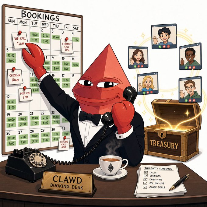 A red pyramid-headed lobster butler named "Clawd" mans a booking desk, juggling a "BOOKINGS" calendar pinned with VIP calls (11AM), strategy calls (1PM), check-ins (10AM), deep dives (2PM), and closing calls (6PM), while video-chatting five guests above an Ethereum-themed "TREASURY" chest and a "TONIGHT'S SCHEDULE" checklist of calls, consults, check-ins, follow-ups, and close deals.

The illustration visualizes the post's "clawd-calendar" scheduling picker, the multi-guest video call overlay ("clawd-live-chat"), and the "room treasury" from tonight's build log.