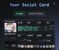 The image shows a computer screen displaying a webpage with information about a social media platform called "Your Social Card". The website features a user profile page, which includes a photo of a person's face along with their name and age. There are also descriptions of the different types of content available on the site, such as stock trading and cryptocurrency. The image is accompanied by text that reads: "哈哈，像不像炒币的你我是人民币资产远远少了没用", which translates to "哈哈" meaning "I am a person".