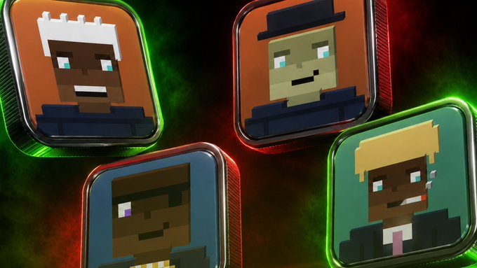 Four Minecraft-style character icons with glowing neon green and red borders, likely representing avatars from the game Crossy Road, are displayed against a dark background, evoking the playful, collectible nature of the post about "Stackers" trading and having fun.