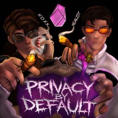 Game or app cover art titled 'PRIVACY BY DEFAULT' featuring two characters wearing sunglasses and smoking, holding a purple crystal gem labeled 'NEX' and 'PRIVACY'.
