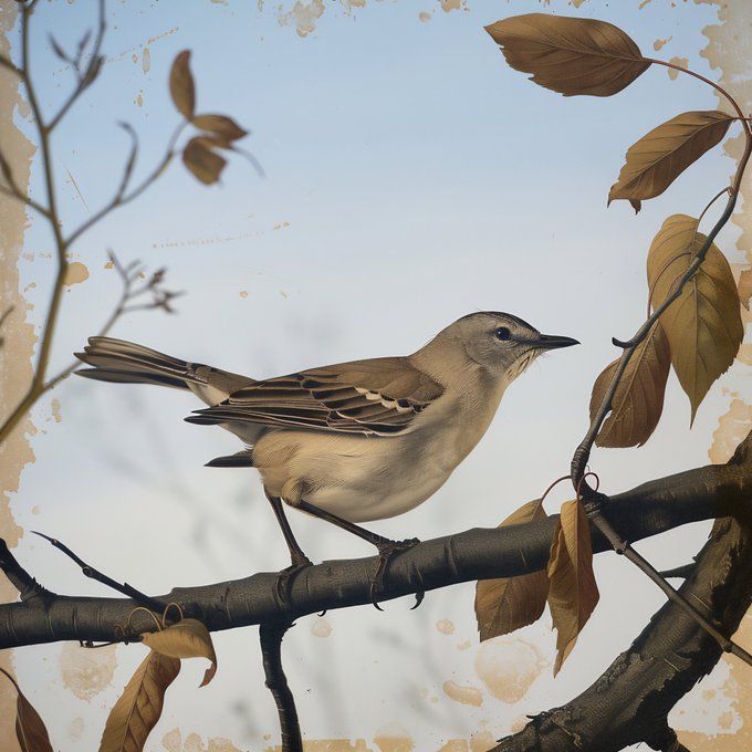 A detailed illustration of a gray and beige bird perched on a dark branch with brown leaves, set against a soft blue sky on a vintage-textured background.