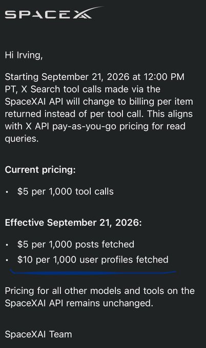 A SpaceX announcement addressed to 'Hi Irving' states that starting September 21, 2026, X Search tool API pricing changes from $5 per 1,000 tool calls to $5 per 1,000 posts fetched and $10 per 1,000 user profiles fetched.