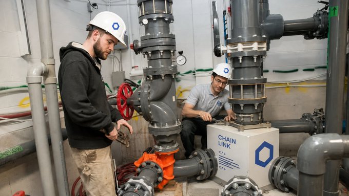 Two workers in hard hats and safety glasses inspect a complex network of large industrial pipes and valves in a mechanical room, with one kneeling beside a white equipment box labeled "CHAIN LINK." The "CHAIN LINK" branding and hexagonal Chainlink (LINK) logo cleverly tie the plumbing equipment to the post's joke about plumbers buying the cryptocurrency $LINK.