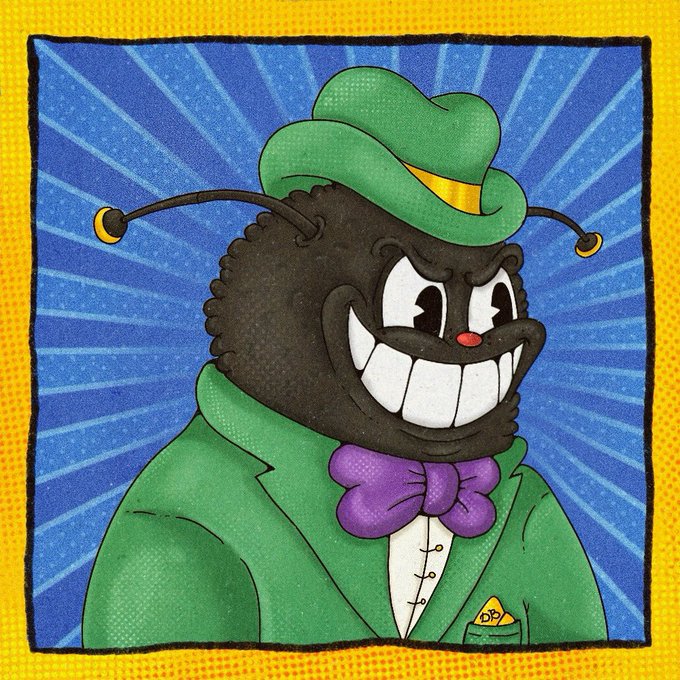 A pop-art style illustration of a smiling black bug character wearing a green hat, green suit jacket, and a purple bow tie against a blue background with radiating lines, framed by a yellow border.