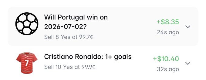 A screenshot showing two prediction market bets: 'Will Portugal win on 2026-07-02?' with a profit of +$8.35, and 'Cristiano Ronaldo: 1+ goals' with a profit of +$10.40.