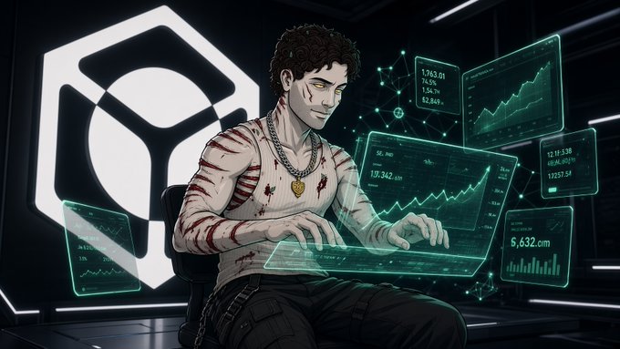 An illustrated image of a man with curly hair and a blood-streaked shirt sitting in front of a holographic display showing financial charts and data, with a logo visible behind him.