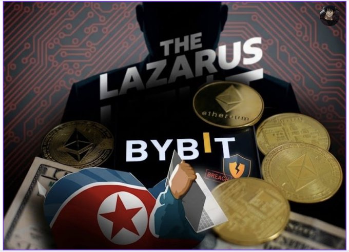 A graphic featuring 'THE LAZARUS' text with North Korean flag imagery, a hacker figure, the 'BYBIT' logo, and Ethereum cryptocurrency coins, referencing the Bybit hack.