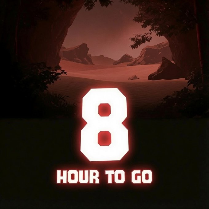 A glowing red countdown timer displays "8 HOUR TO GO" against a dark, rocky desert landscape framed by foliage, signaling the remaining time until The Jackals mint event at 4PM UTC. The image visually reinforces the urgency of the NFT mint announcement, emphasizing the limited window for early participants.