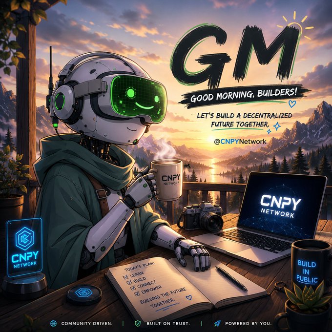 A friendly robot wearing a green-lit visor sips coffee at a scenic overlook while reviewing a "Today's Plan" checklist (Learn, Build, Connect, Empower), surrounded by CNPY Network branding, a laptop displaying the CNPY logo, and large text reading "GM — Good Morning, Builders! Let's Build a Decentralized Future Together." The image visually echoes the post's uplifting message of starting the day with purpose, learning, and building together as a community within the CNPY Network ecosystem.