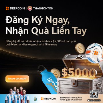 A Deepcoin × Thangonton promotional advertisement in Vietnamese featuring a treasure chest overflowing with coins and Argentina football merchandise, highlighting a $5,000 cashback giveaway for users who deposit 20 USDT into Futures, complete with a "Tham Gia Ngay" (Join Now) call-to-action button.
