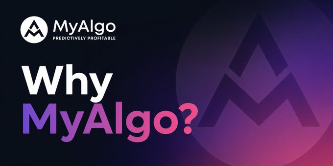 A dark gradient banner features the "MyAlgo" logo with the tagline "PREDICTIVELY PROFITABLE" alongside the large text "Why MyAlgo?"—visually framing the post's question about why traders should choose MyAlgo's customizable, non-repainting indicator suite over restrictive alternatives.