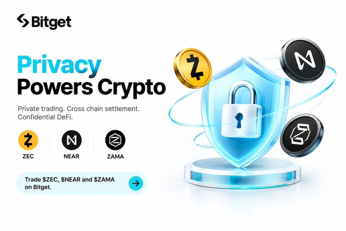 A promotional advertisement for Bitget reads 'Privacy Powers Crypto' with the subtext 'Private trading. Cross chain settlement. Confidential DeFi,' highlighting ZEC, NEAR, and ZAMA tokens alongside a shield graphic.