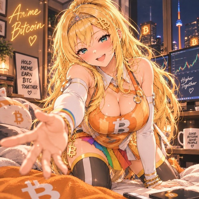 An anime-style illustration of a blonde woman in a Bitcoin-themed orange outfit, surrounded by crypto-related text including 'Anime Bitcoin', 'HOLD MEME EARN BTC TOGETHER', and 'GOOD BITCOIN GOOD PEOPLE', with a city skyline and trading charts in the background.
