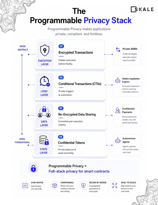 An infographic titled 'The Programmable Privacy Stack' by SKALE, outlining four layers (Execution, Logic, Data, State) with features like Encrypted Transactions, CTXs, and Confidential Tokens.