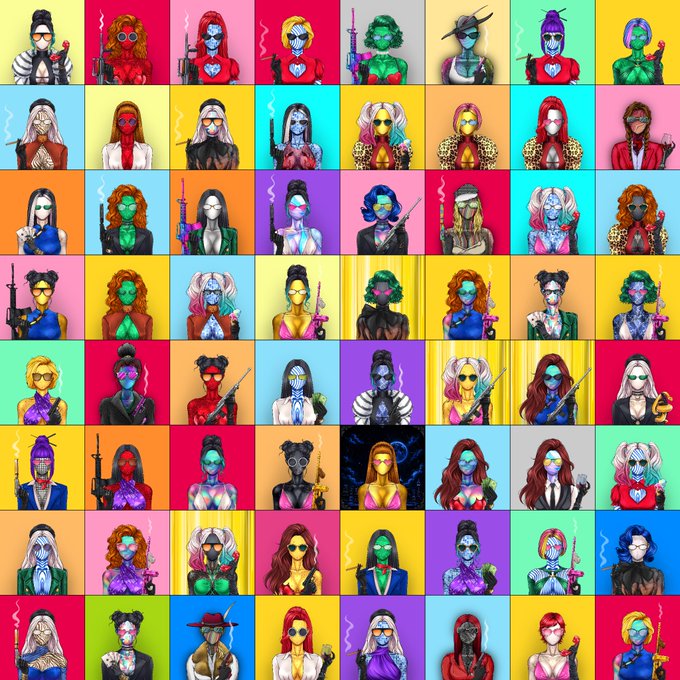 A vibrant grid displays 64 stylized digital portraits of female characters, each with colorful masks, varied hairstyles, and accessories like sunglasses, hats, and weapons, arranged against bold solid-colored backgrounds. The collage represents the creator's complete "Sirens" NFT collection as showcased through the GoodFellasNFT Blocks App.
