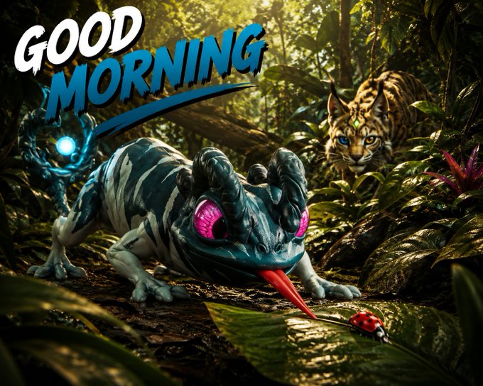 A fantasy scene showing a blue amphibious creature with pink eyes and a red tongue in a jungle, accompanied by a cat-like creature, with 'GOOD MORNING' text in the upper left.
