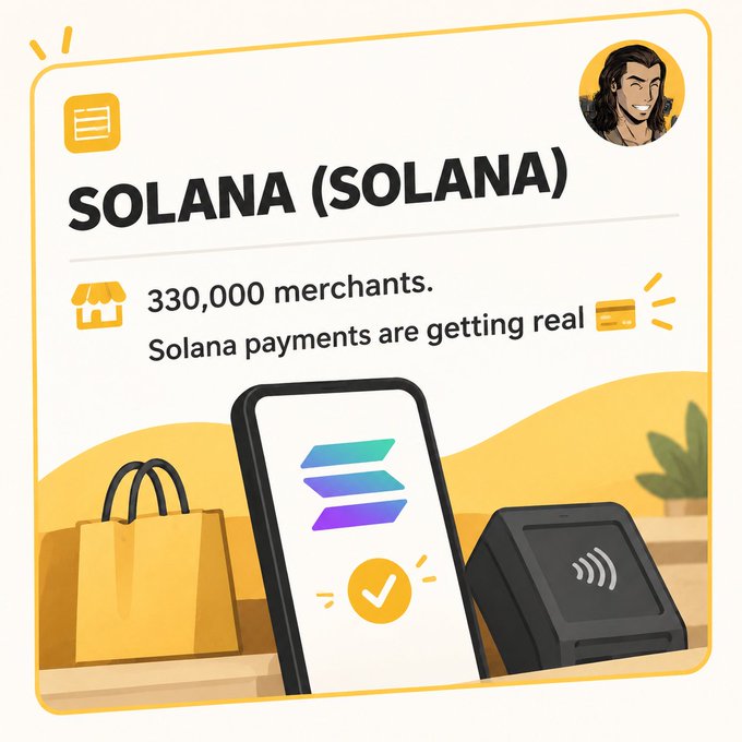 An illustrated graphic promoting Solana (SOLANA), showing '330,000 merchants. Solana payments are getting real' alongside a phone displaying the Solana logo and a payment terminal.