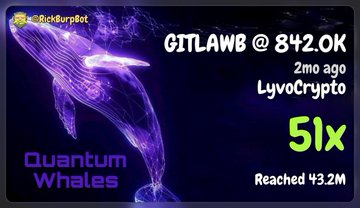The image features a purple whale with a green tail, floating in space against a dark blue background. The text "Quantum whale's community Printing. Join our FREE TG GROUP. $GITLAWB #82204ok 2mo ago Lycrypto 5x" is displayed on the image. This information seems to be related to the post about Quantum whales and their community, as it provides details about a whale that has been printed in the image.