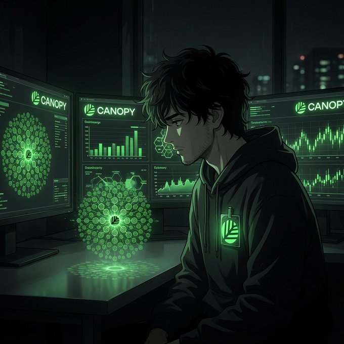 An anime-style illustration of a young man in a dark hoodie sitting before multiple monitors displaying 'CANOPY' branding, green data visualizations, and cryptocurrency charts with glowing green network nodes.