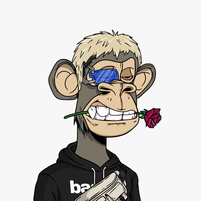 Bored Ape-style NFT cartoon character with blonde hair, blue sunglasses, and a rose in its teeth, wearing a black hoodie and holding a weapon.