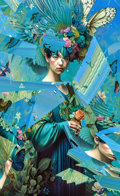 The image features a woman wearing a blue dress with a flower crown and holding an orange object. The background of the painting is filled with various elements such as flowers, butterflies, and other objects that create a vibrant and colorful scene. The artist has used different shades of blue for the background to emphasize the woman's presence in the center of the image. The post includes text about the artwork being created by an AI and how it was edited on a phone or computer using a software program like Photoshop.