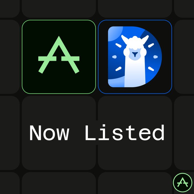 The image displays two app icons side by side on a dark grid background—one featuring a green "A" logo and the other a white llama illustration—with the text "Now Listed" below, celebrating Attention Mine's #53 ranking on DefiLlama.