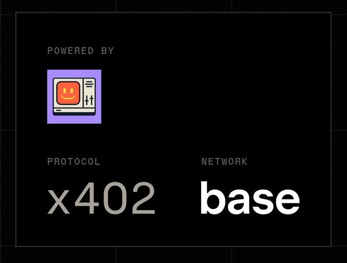 A dark graphic showing 'POWERED BY' an orange smiley face computer icon, with 'PROTOCOL x402' and 'NETWORK base' displayed below.