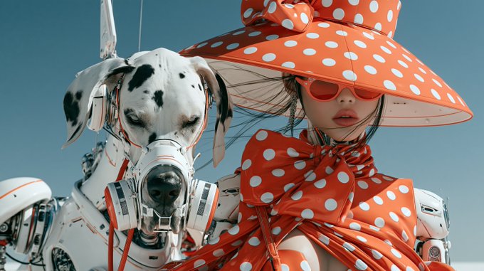An artistic image featuring a Dalmatian dog wearing a futuristic respirator mask alongside a figure dressed in a vibrant orange and white polka-dot outfit with a large matching hat and red sunglasses.