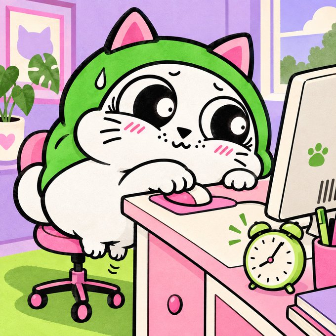 A nervous-looking cartoon cat wearing a green hoodie sits hunched over a pink desk, intensely focused on a computer screen with paws hovering over a mouse. A green alarm clock rings loudly beside the monitor, perfectly capturing the caption's sentiment of the cat anxiously waiting for "Mint" to start.