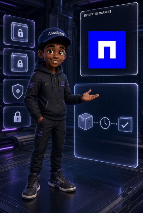 A 3D animated character wearing a cap labeled 'AnasBING' stands in a dark futuristic setting, gesturing toward holographic panels showing 'ENCRYPTED MARKETS' with a blue logo and a process flow diagram with lock icons.