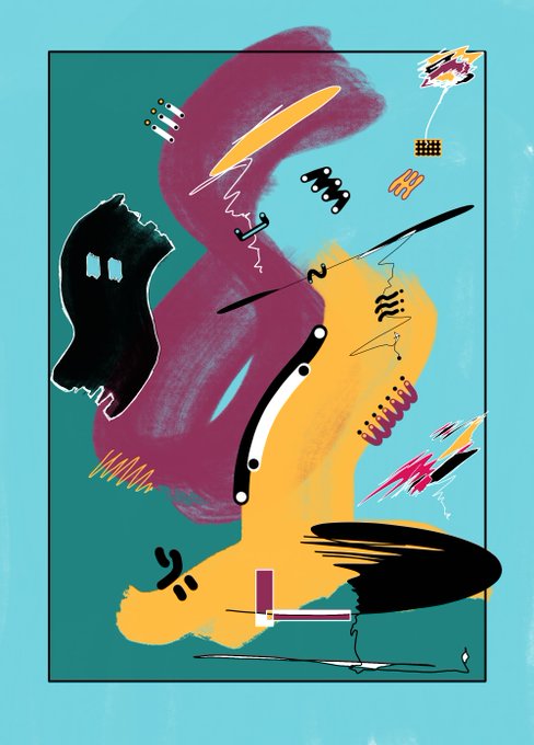 An abstract digital artwork on a teal background featuring purple and yellow brushstrokes with various black graphic elements and symbols scattered throughout.