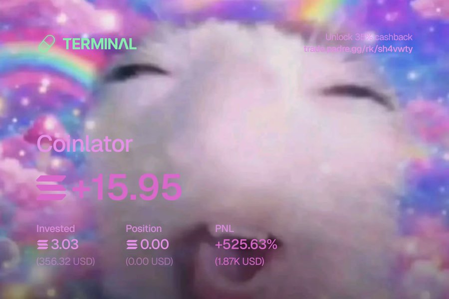 A dashboard for 'TERMINAL' shows a smiling white cat overlaid with pink text indicating 'Coinlator' with a value of '+15.95', an 'Invested' amount of '3.03 (356.32 USD)', and 'PNL' of '+525.63% (1.87K USD)'.