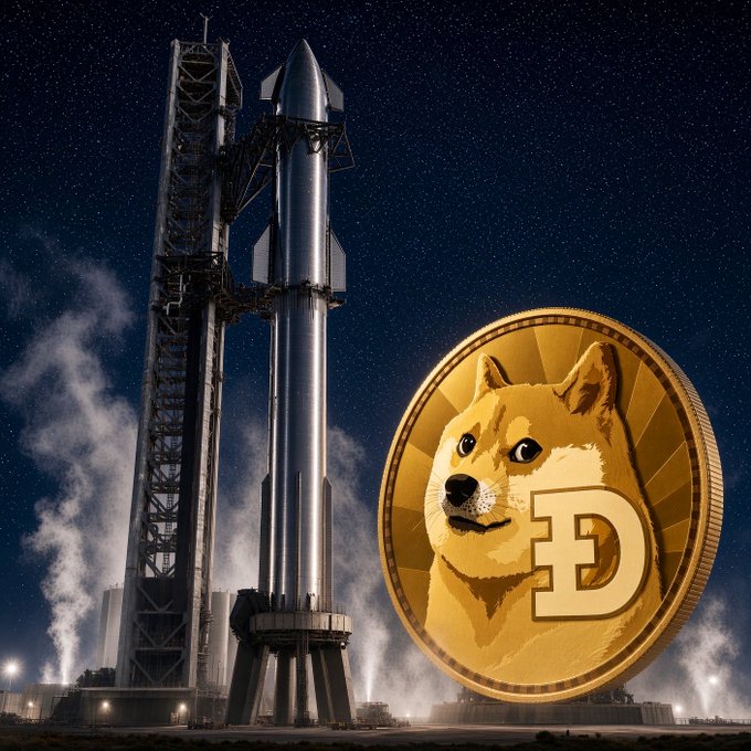 A composite image showing a SpaceX Starship rocket on a launch pad at night alongside a large golden Dogecoin coin featuring the Shiba Inu logo.