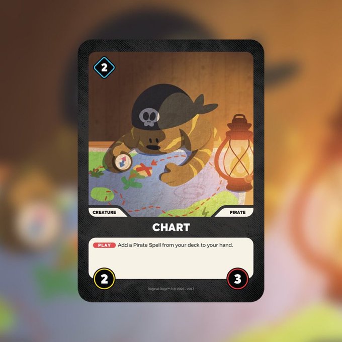 A trading card game card titled 'CHART' featuring a pirate turtle creature with stats of 2 cost and 3 power, ability to 'Add a Pirate Spell from your deck to your hand.'