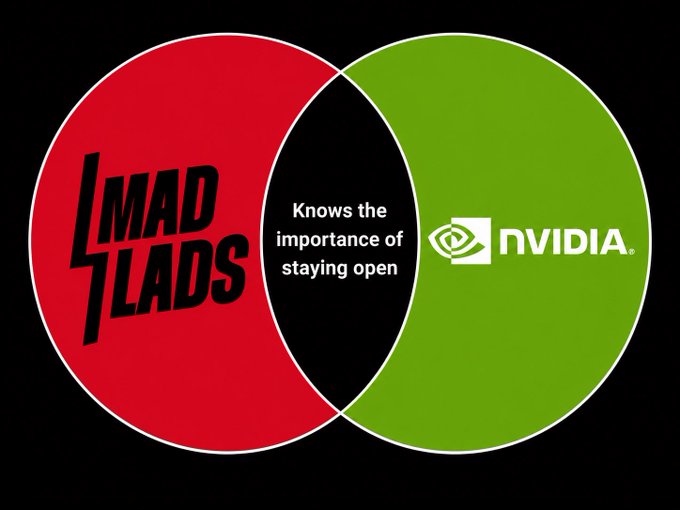 A Venn diagram with a red circle labeled "MAD LADS" overlapping a green NVIDIA logo, with the shared middle section reading "Knows the importance of staying open," humorously framing the Mad Lads NFT project as aligned with NVIDIA.